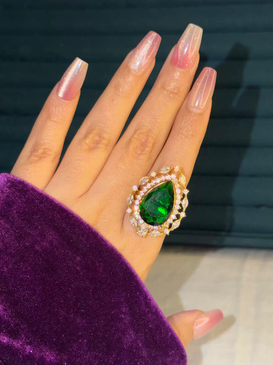 Emerald Green Stone Diamond Edge Gold Plated Premium Ring (Adjustable)