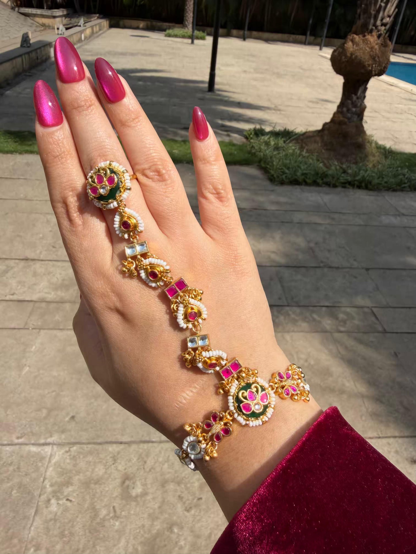 Nita Ambani Haath Phool Premium Work Pink Emerald Pearl Royal Chain Design Pair of Haath Phool