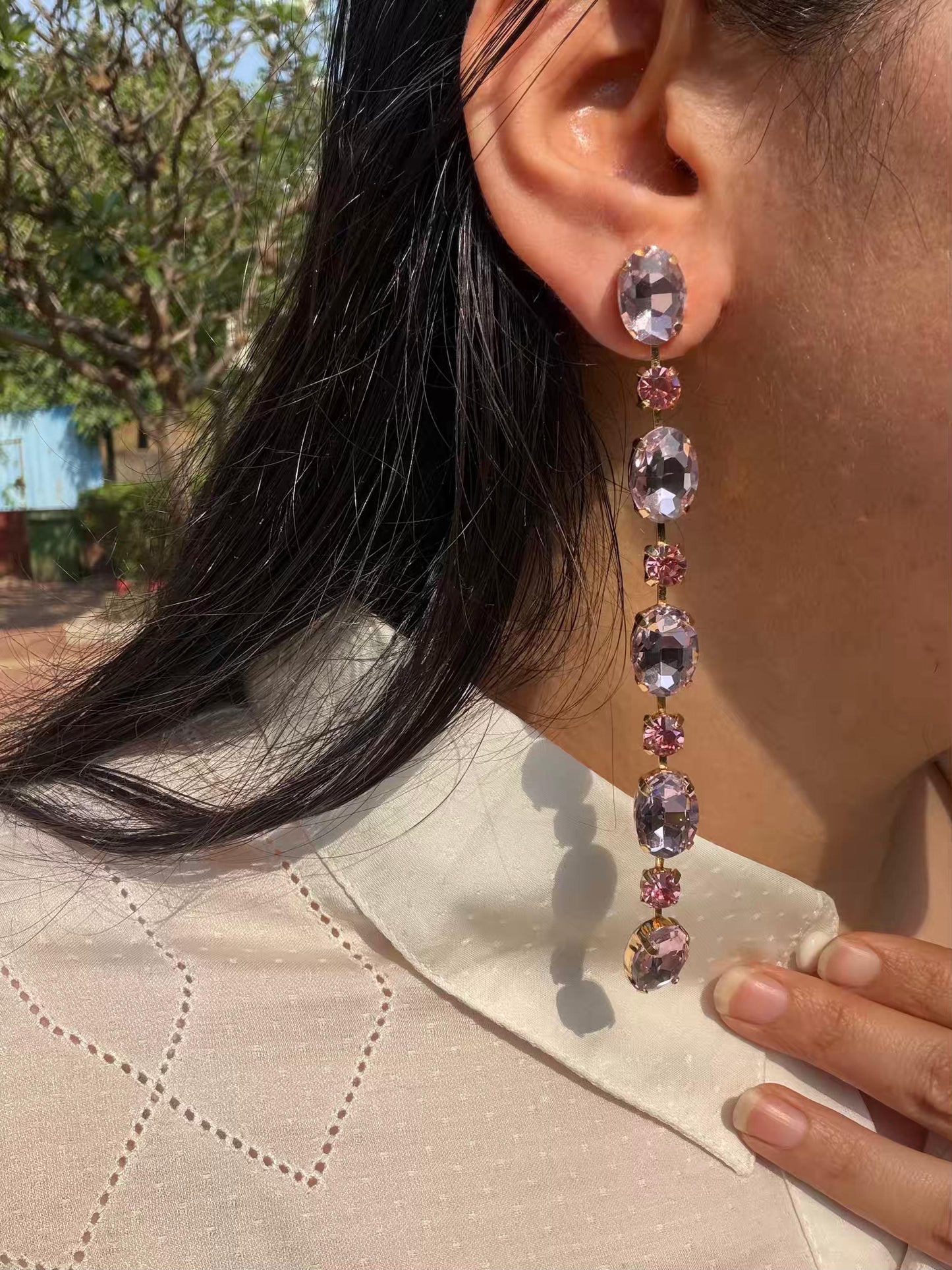 Rose Colour Stones Long Gold Plated Earrings