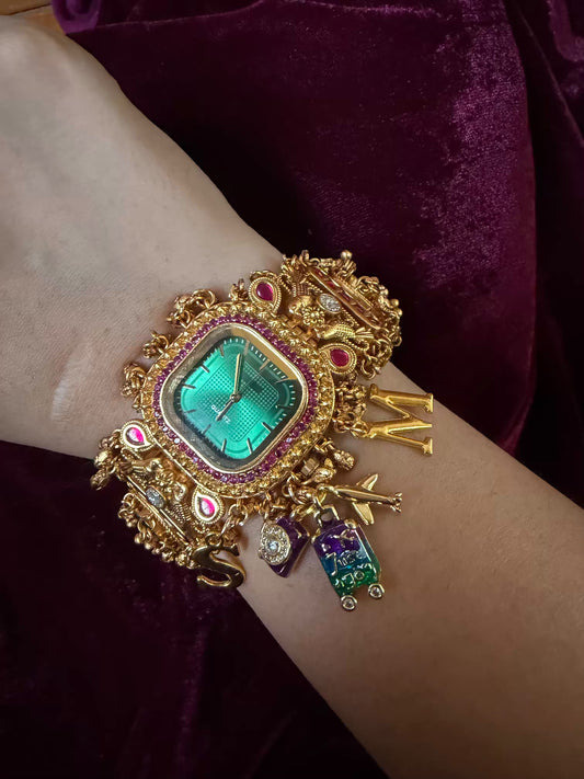 Emerald Green Stone Pink Halo Square Dial Maharani Watch Bracelet