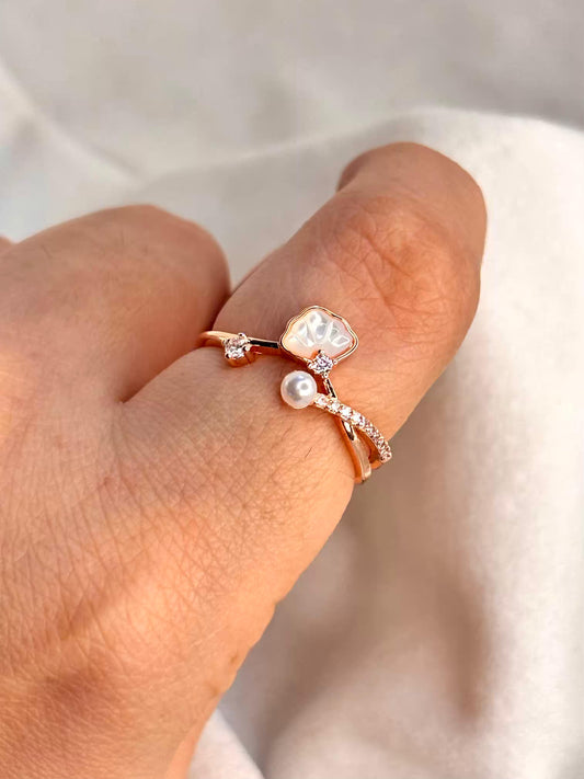Tangled Pearl Oyster Ring Rose Gold Plated Adjustable Ring