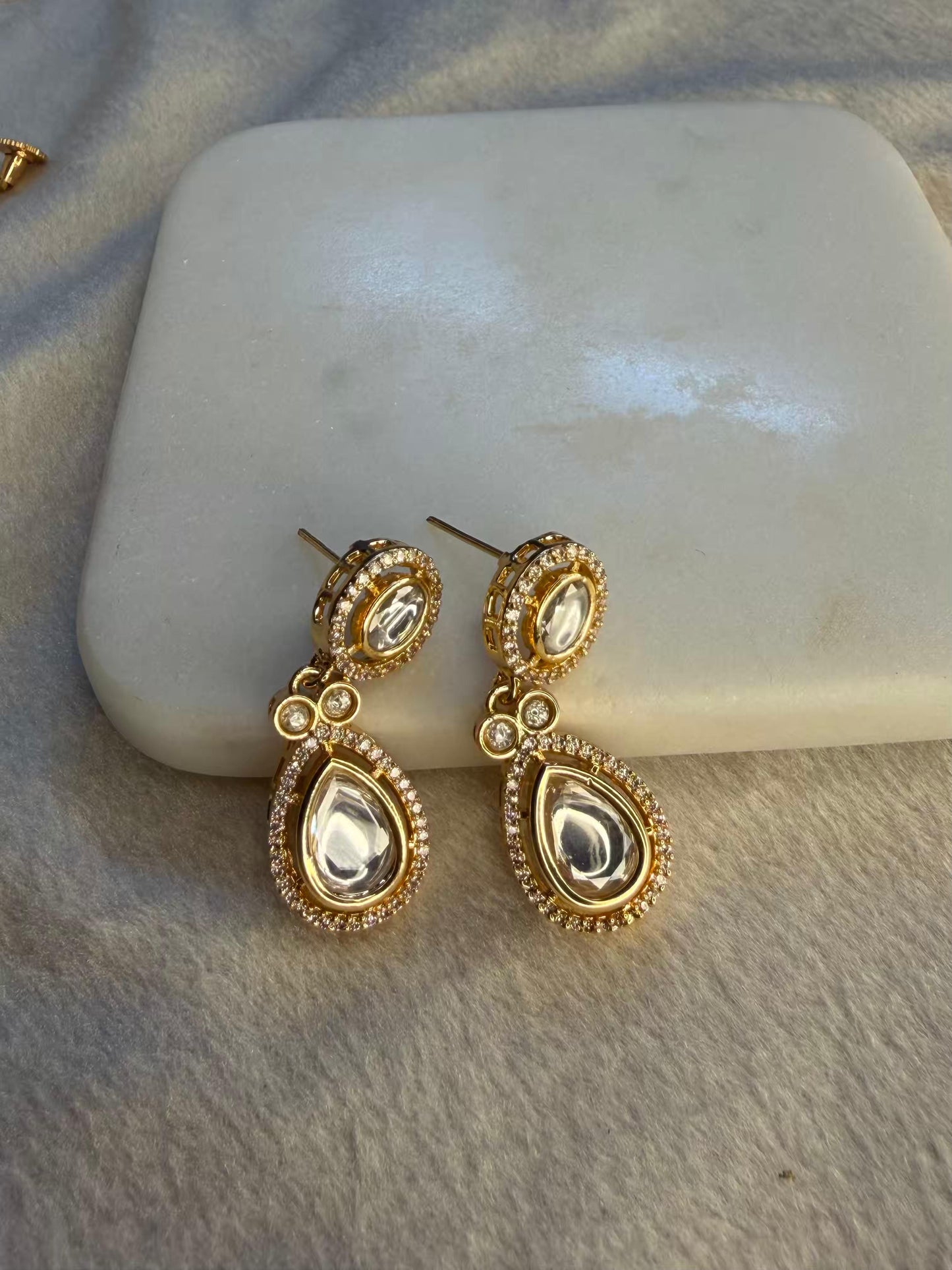 Classic Clear Kundan Drop Stud Gold Plated Earrings