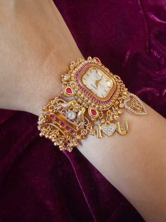 I  Love You Maharani Square Dial Heritage Watch Bracelet in Premium Swarovski – Gold & Ruby Pink