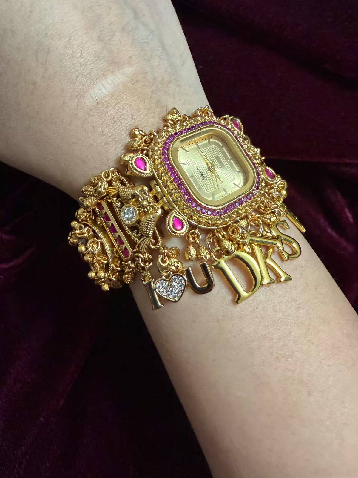 Ruby Pink Stone Gold Square Dial I Love You Charm Maharani Watch Bracelet