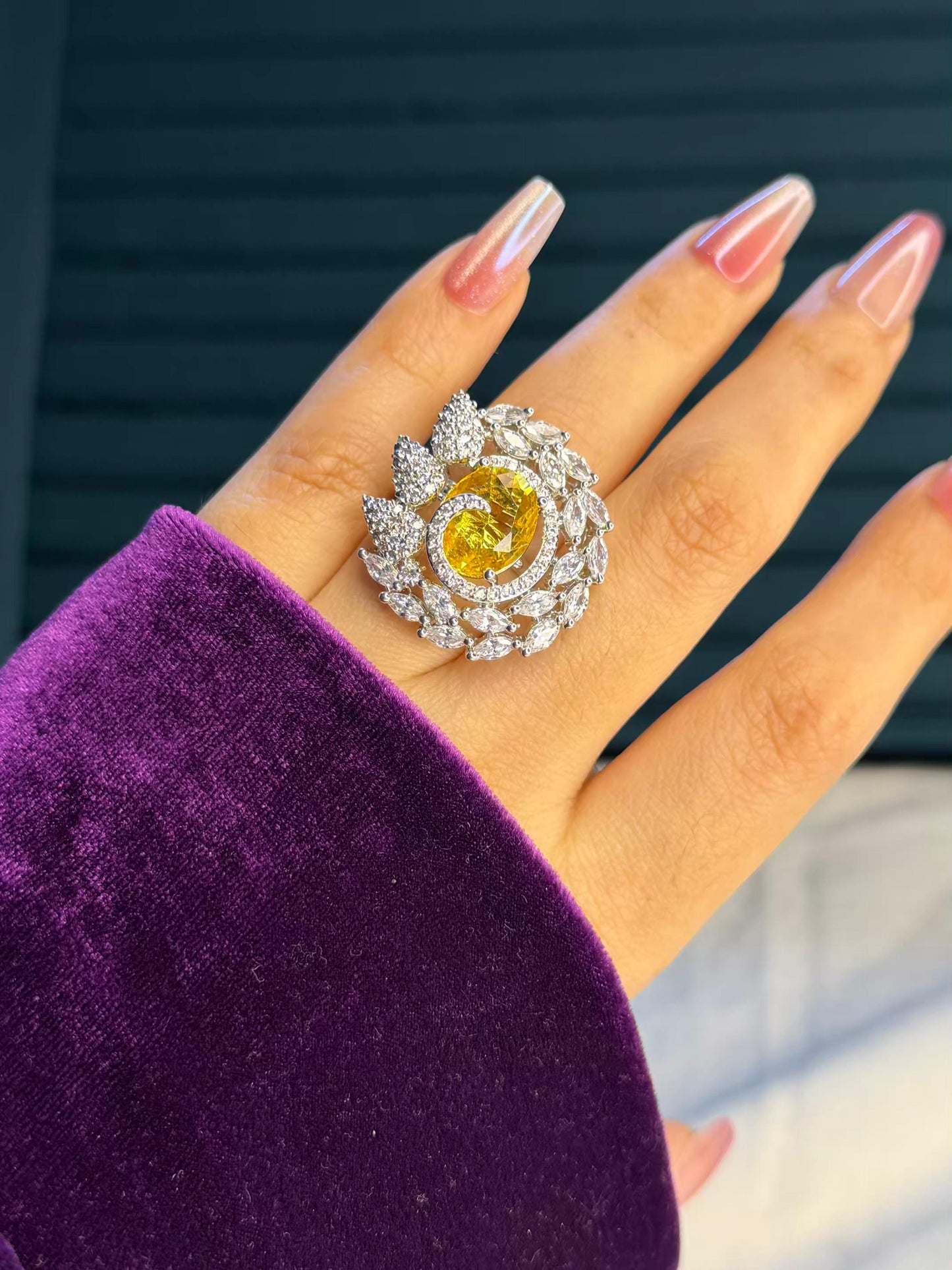 Golden Solara Bloom Silver Plated Premium Ring (Adjustable)