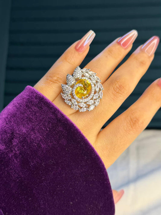 Golden Solara Bloom Silver Plated Premium Ring (Adjustable)