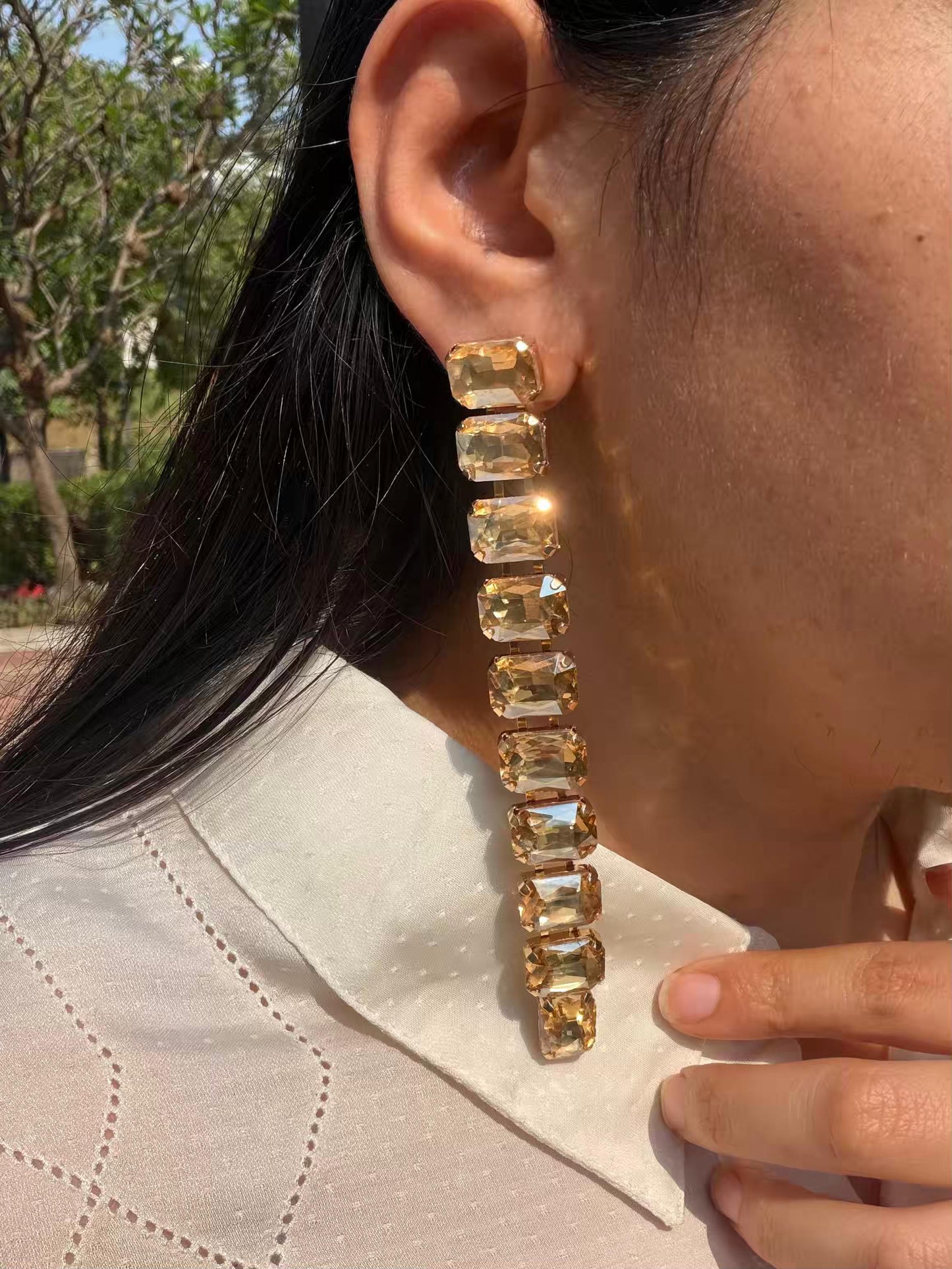 Square Shape Golden Stone Layers Long Gold Plated Earrings