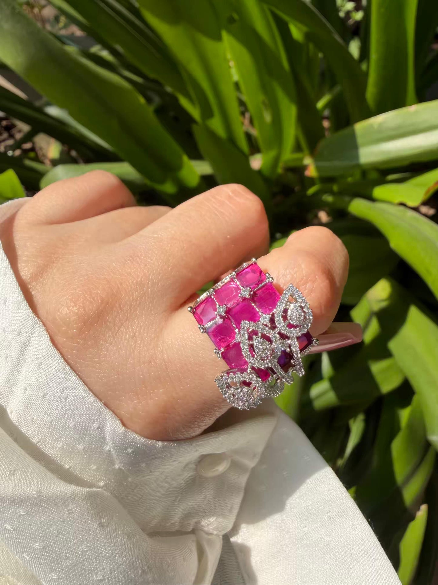 Royal Pink Majesty Cocktail Silver Plated Ring