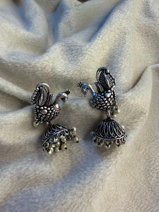 Peacock Pearl Jhumka Oxidised Silver Earrings