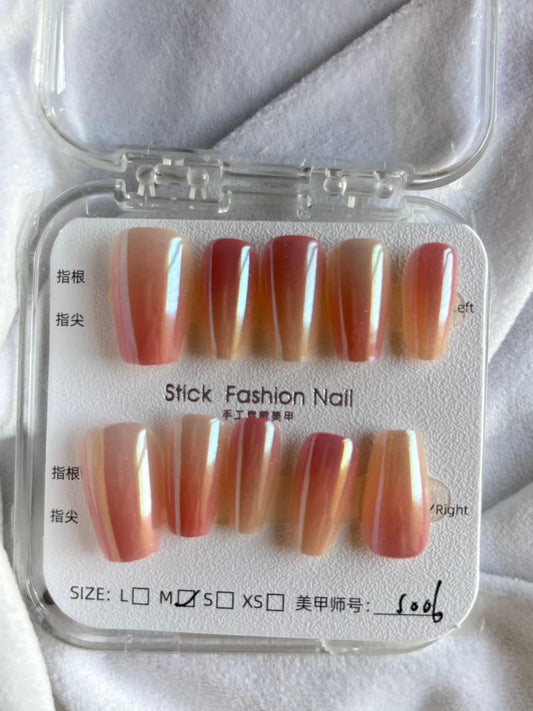 Acrylic Premium Peach Nude Rainbow Shimmer Soft Bow Fancy Press On Nails ( Set of 10 )