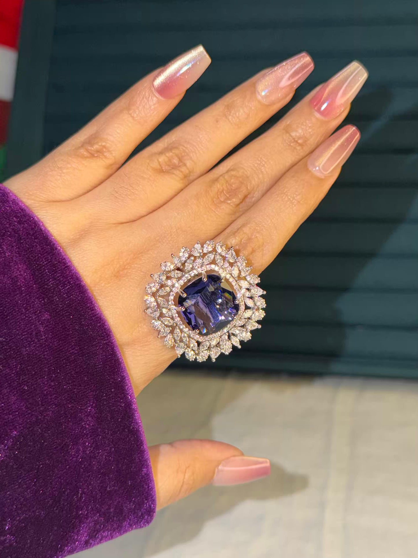 Purple Crystal Petals Edge Silver Plated Premium Ring (Adjustable)