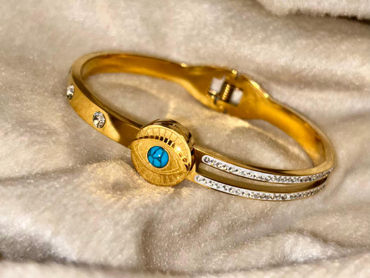 For Thin Wrist Turquoise Eye Bangle 18K Gold plated Premium Bangle 2.2 - 2.4 Size