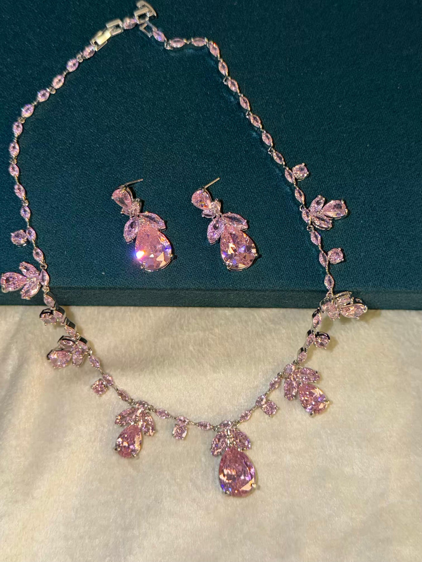 Pink Floral Rhodium Plated Necklace Set with Earrings