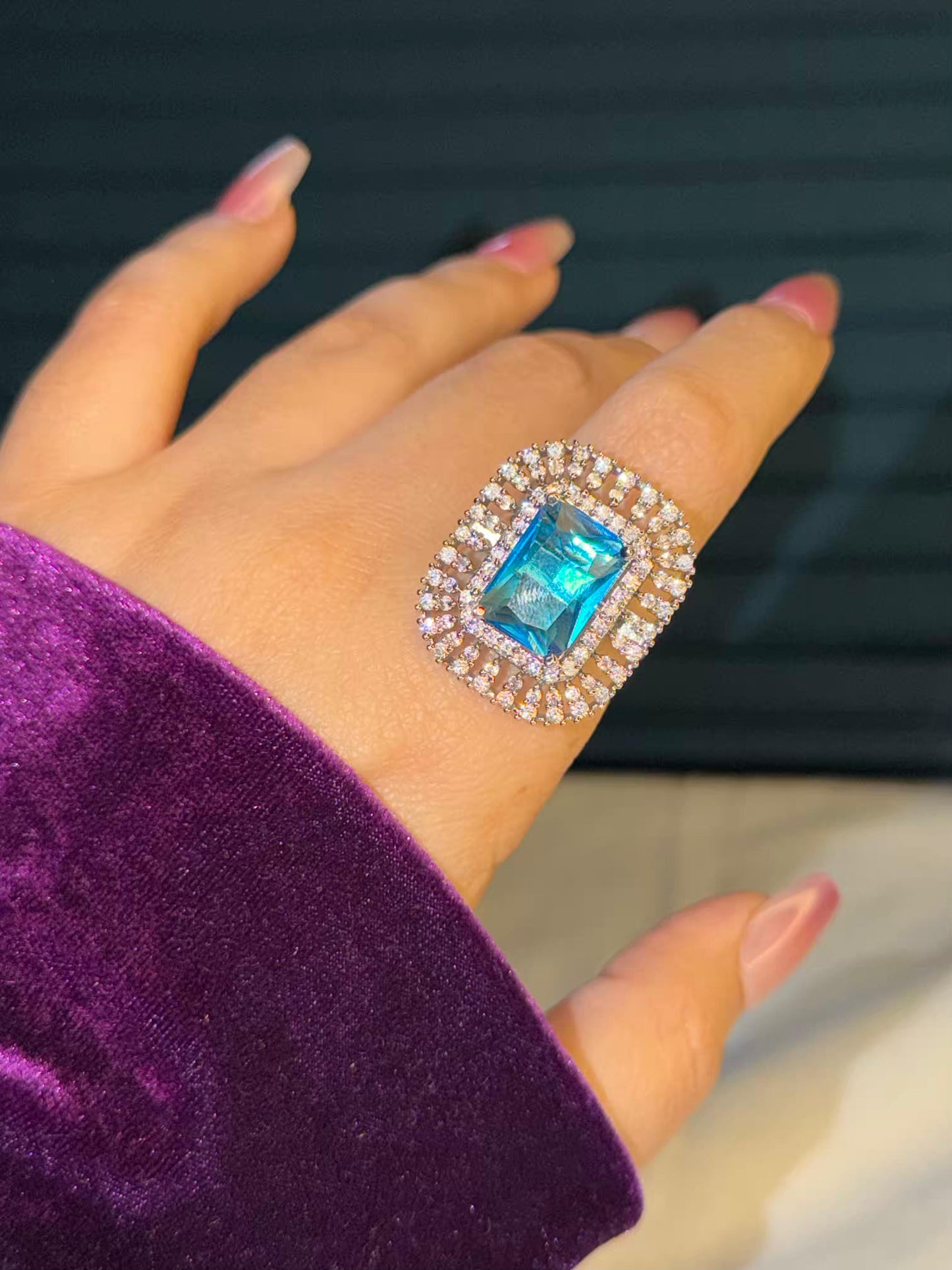 Celeste Blue Sovereign Silver Plated Premium Ring (Adjustable)