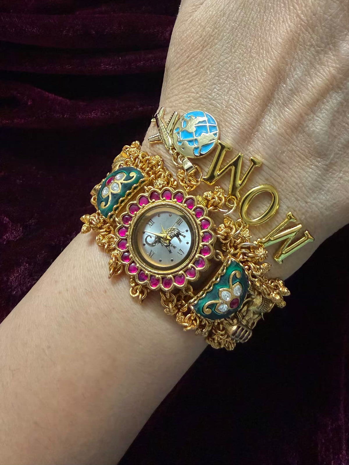 I Love You Mom White Dial Pink Stone Elephant Charm Emerald Green Heritage Maharani Watch Bracelet