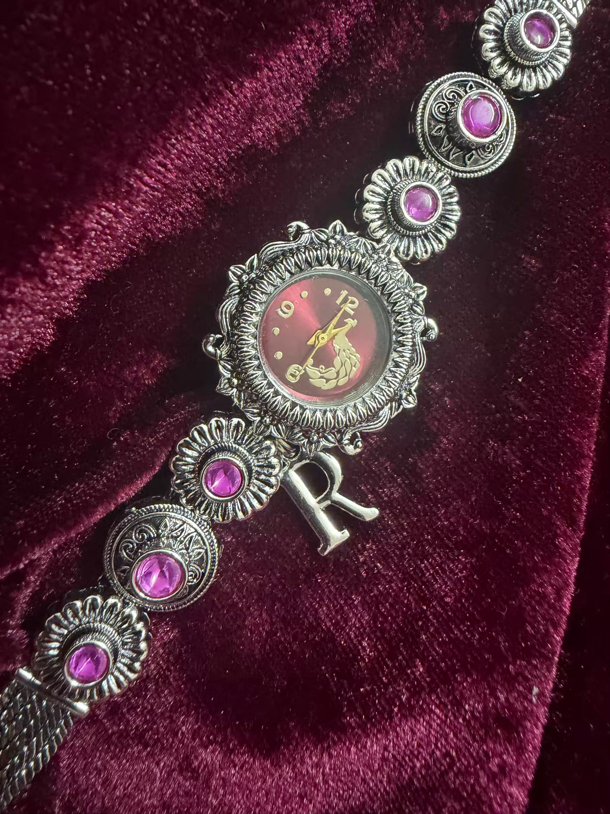 Royal Gulab Inspired Silver-Tone Navratri Oxidised Heritage Watch