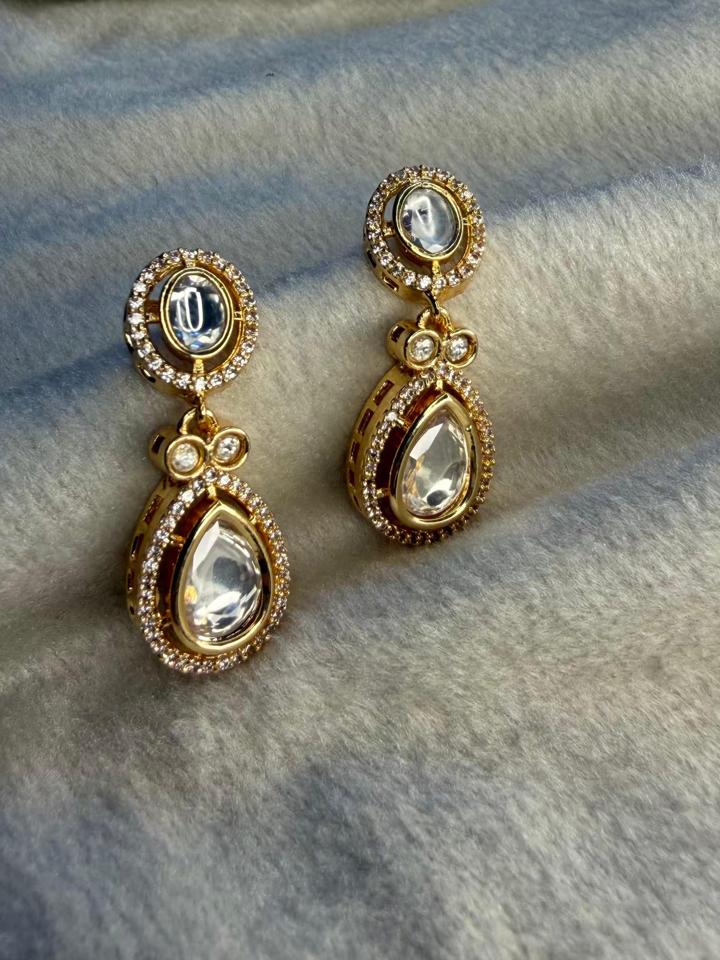 Classic Clear Kundan Drop Stud Gold Plated Earrings