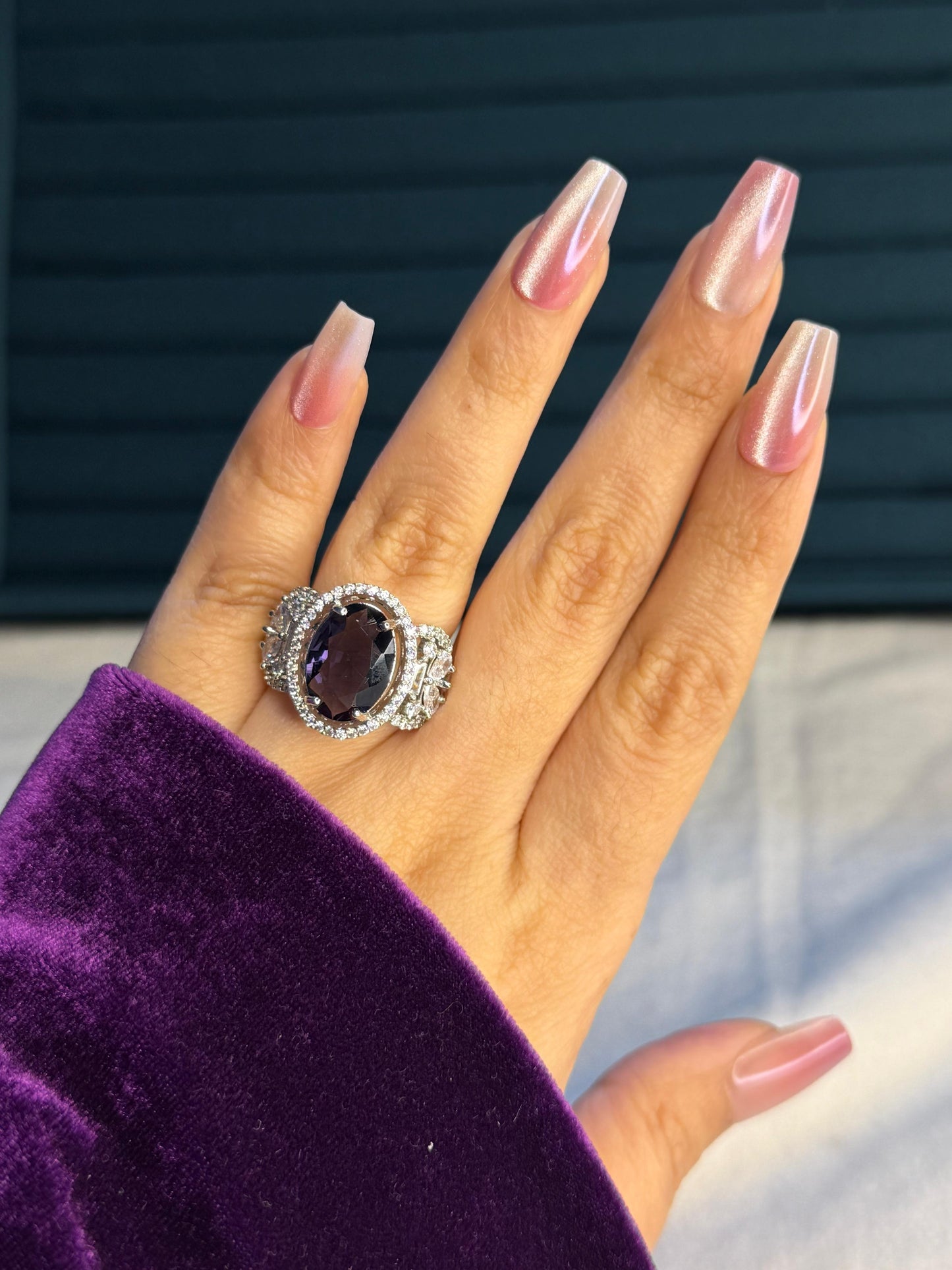 Purple Oval Stone Silver Plated Premium Ring (Adjustable)
