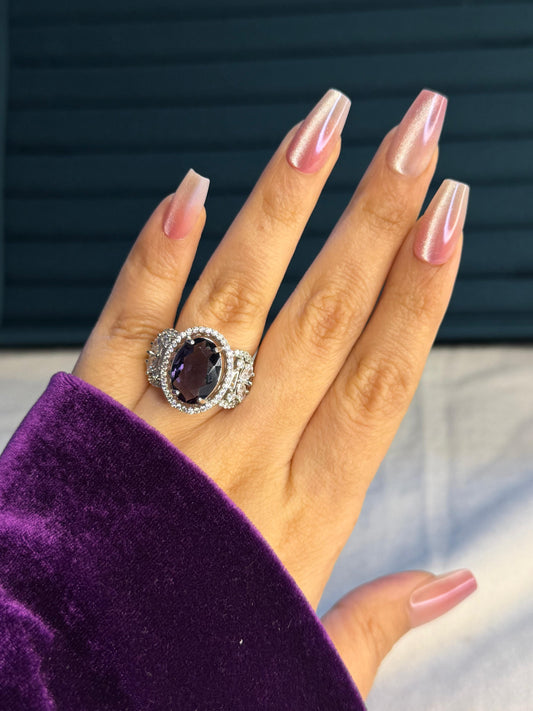 Purple Oval Stone Silver Plated Premium Ring (Adjustable)
