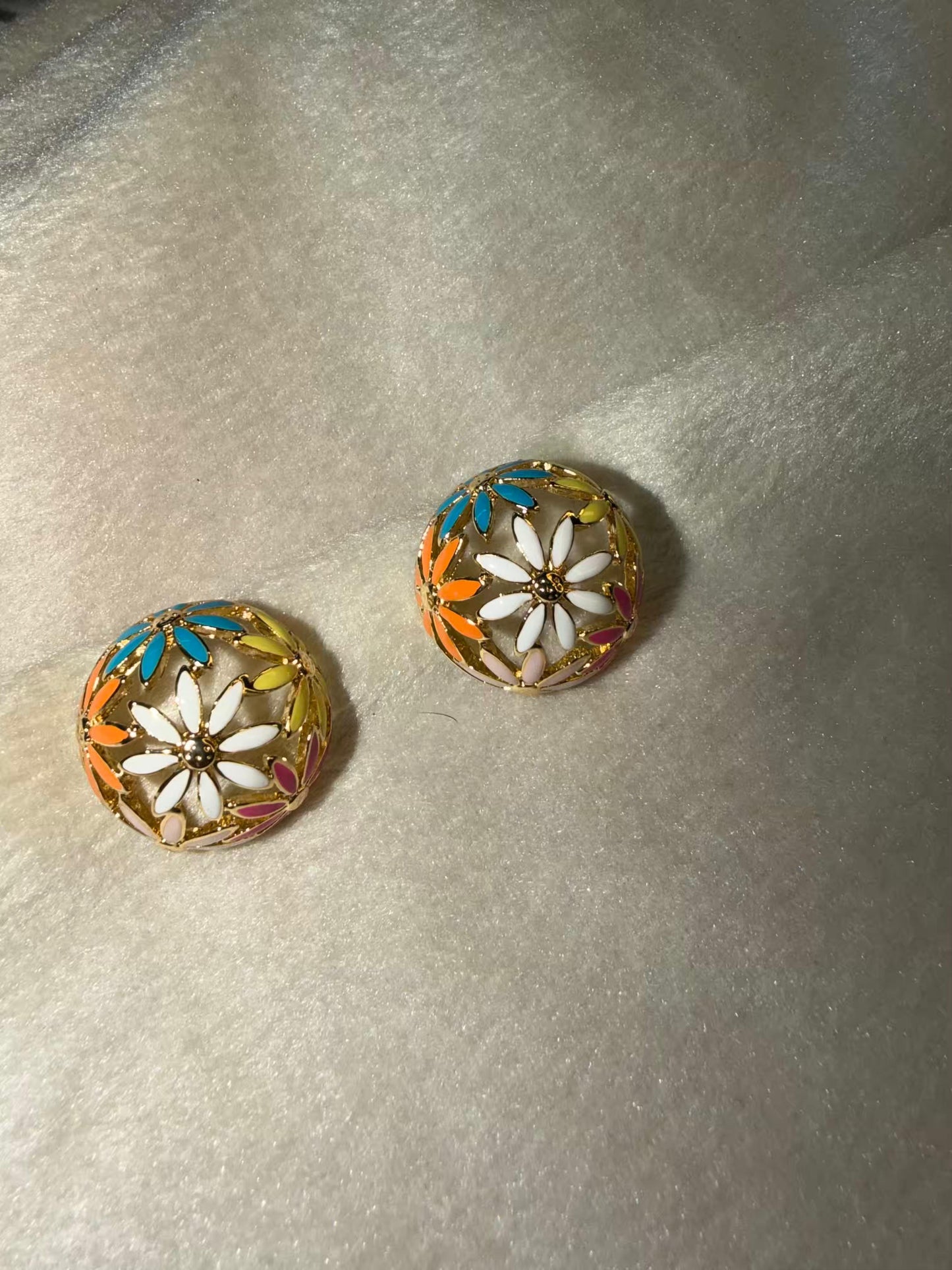 Multicolour Enamel Floral Dome Stud Gold Plated Earrings
