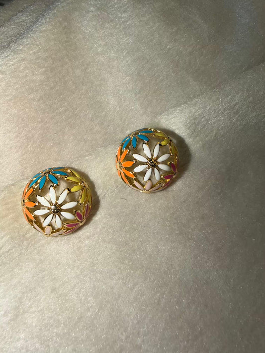Multicolour Enamel Floral Dome Stud Gold Plated Earrings