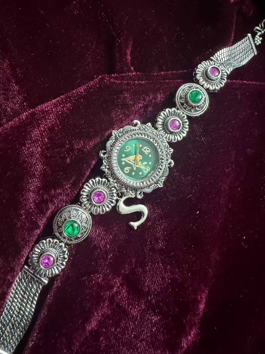 Nazakat Emerald Bloom Silver-Tone Navratri Oxidised Heritage Watch