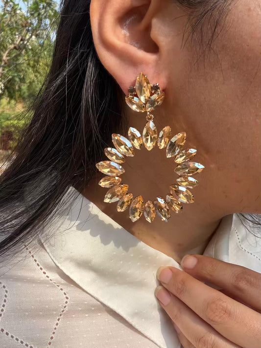 Flower Long Hoop Gold Plated Earrings