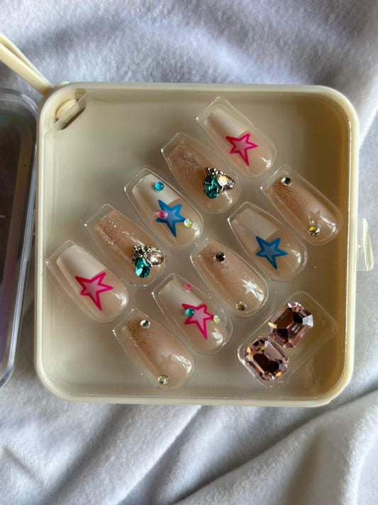 Acrylic Premium Pink Stars Soft Bow Fancy Press On Nails ( Set of 10 )