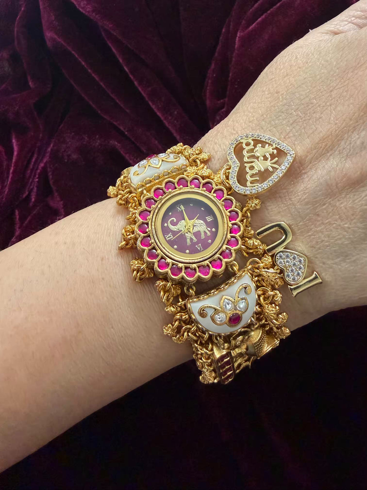 I Love You Mama Pink Stone Elephant Heritage Watch with Initials – Maharani Watch Bracelet