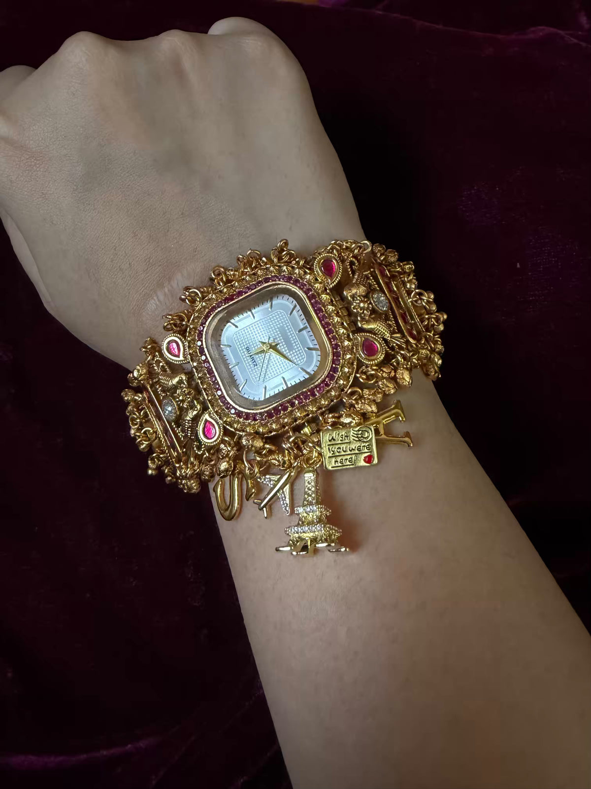 Ruby Charm Pink Stone Square Dial Maharani Watch Bracelet
