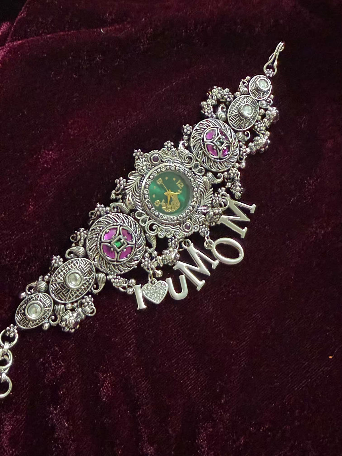 I Love You Mom Emerald Greqen Round Dial Silver Oxidised Peacock Charm Maharani Watch Bracelet