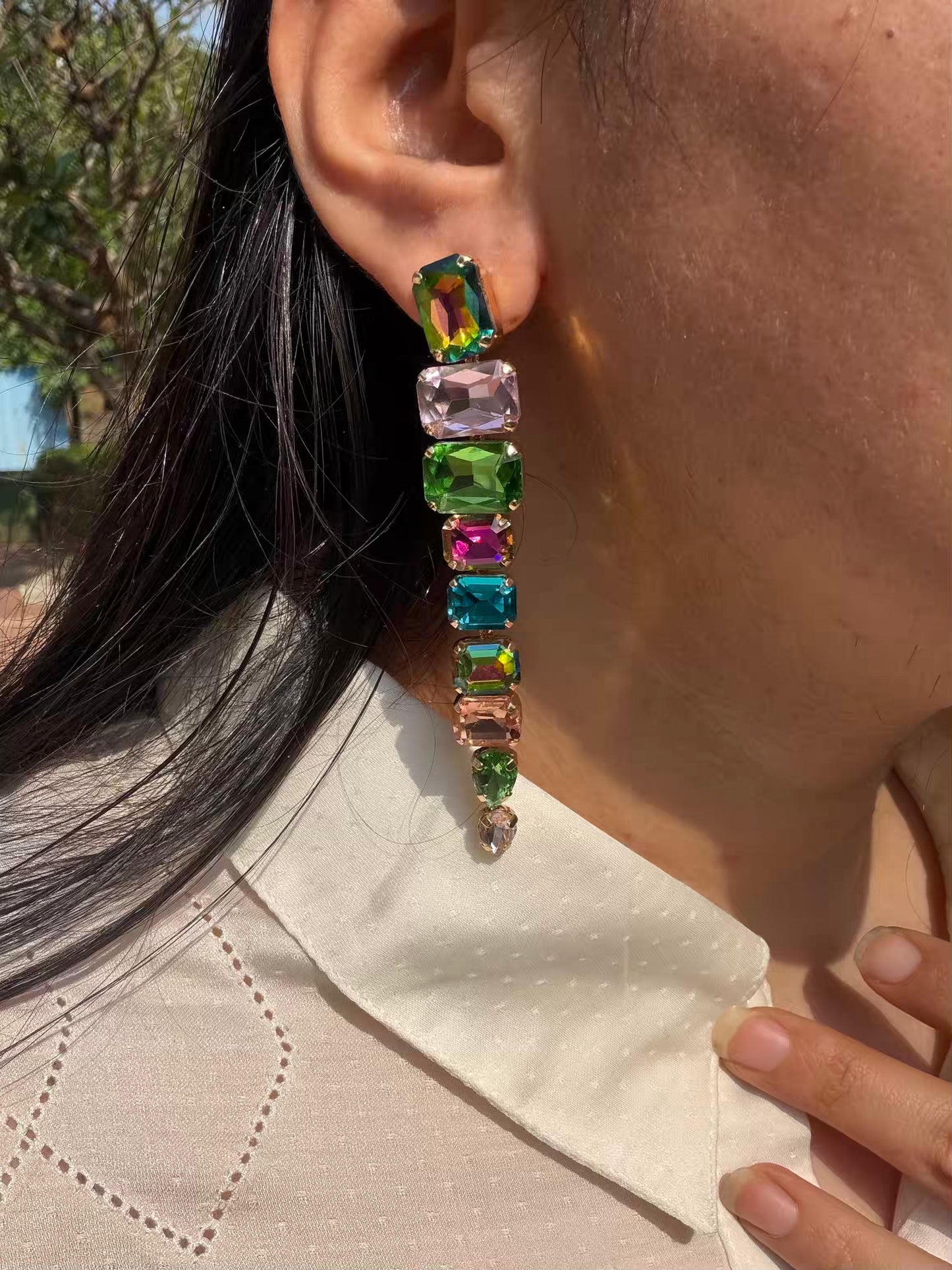 Long multicolour gold plated earrings