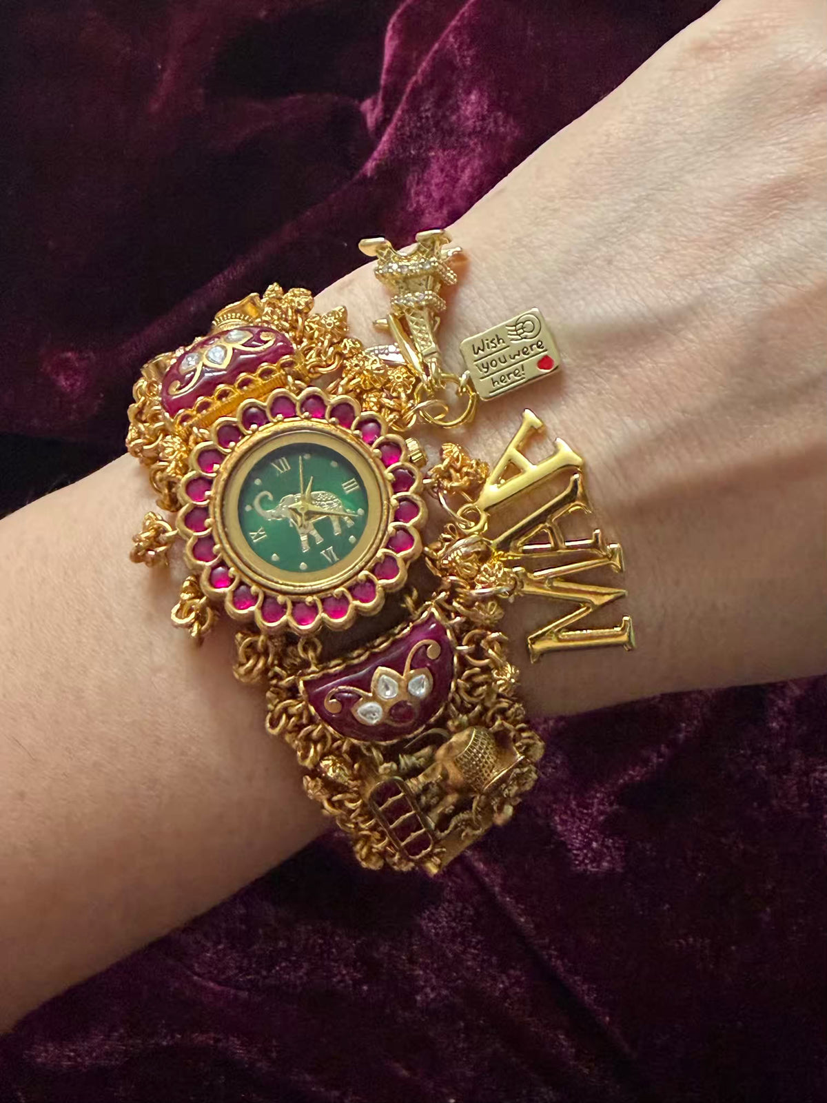 Wish You Were Here MAA Emerald Green Round Dial Ruby Pink Stone Elephant Charm Heritage Maharani Watch Bracelet
