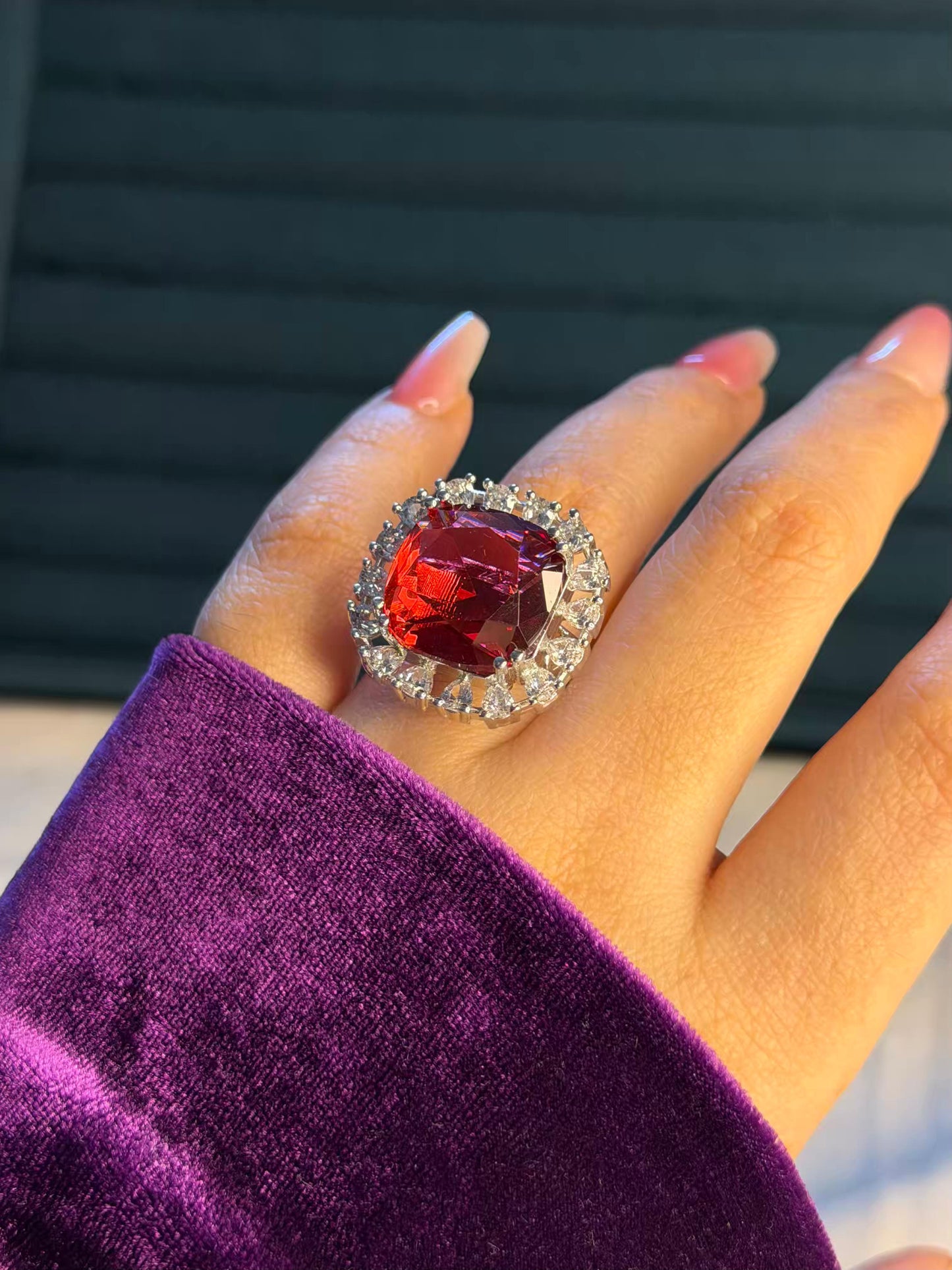 Red Square Statement Silver Plated Premium Ring (Adjustable)