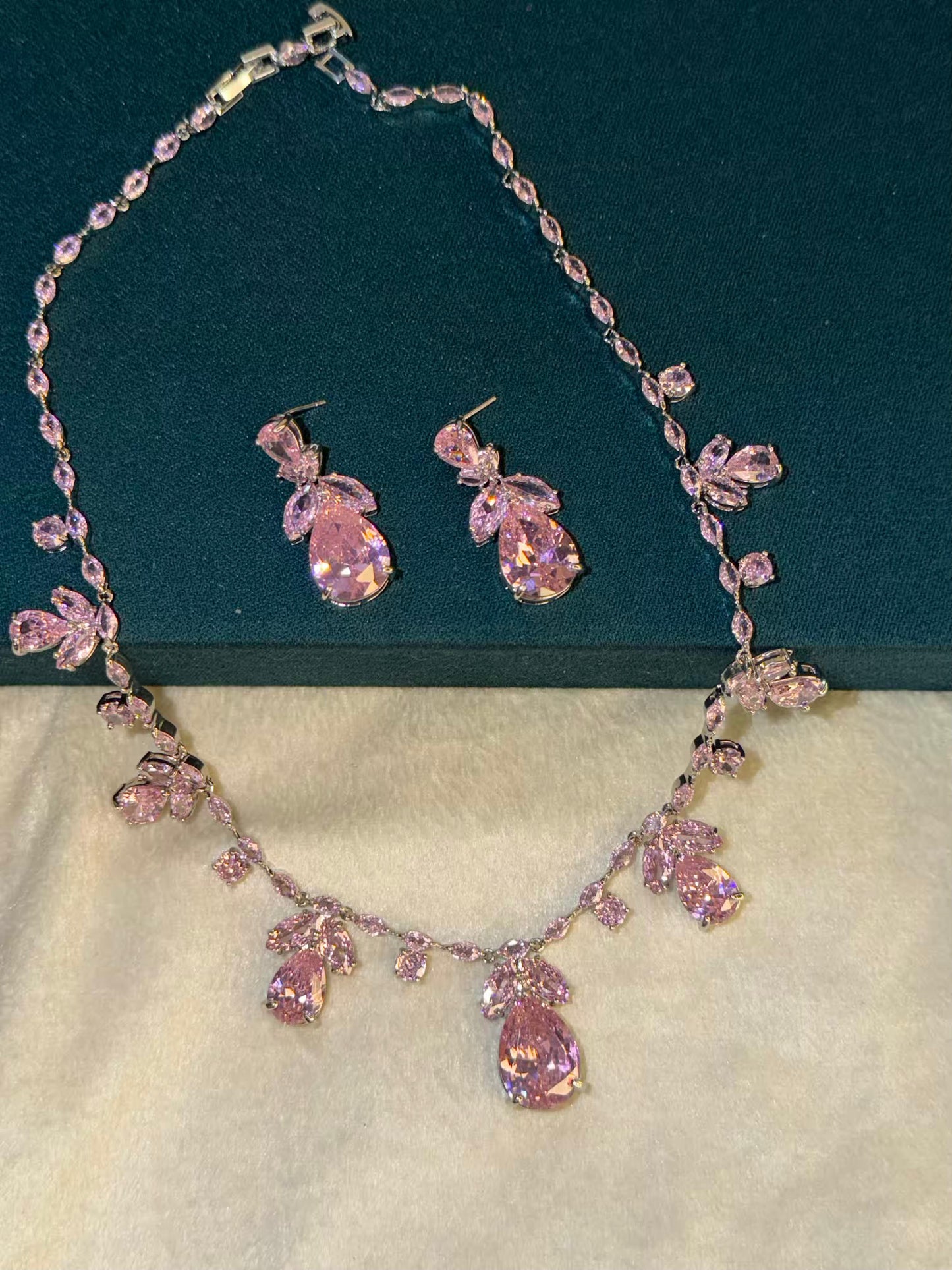 Pink Floral Rhodium Plated Necklace Set with Earrings