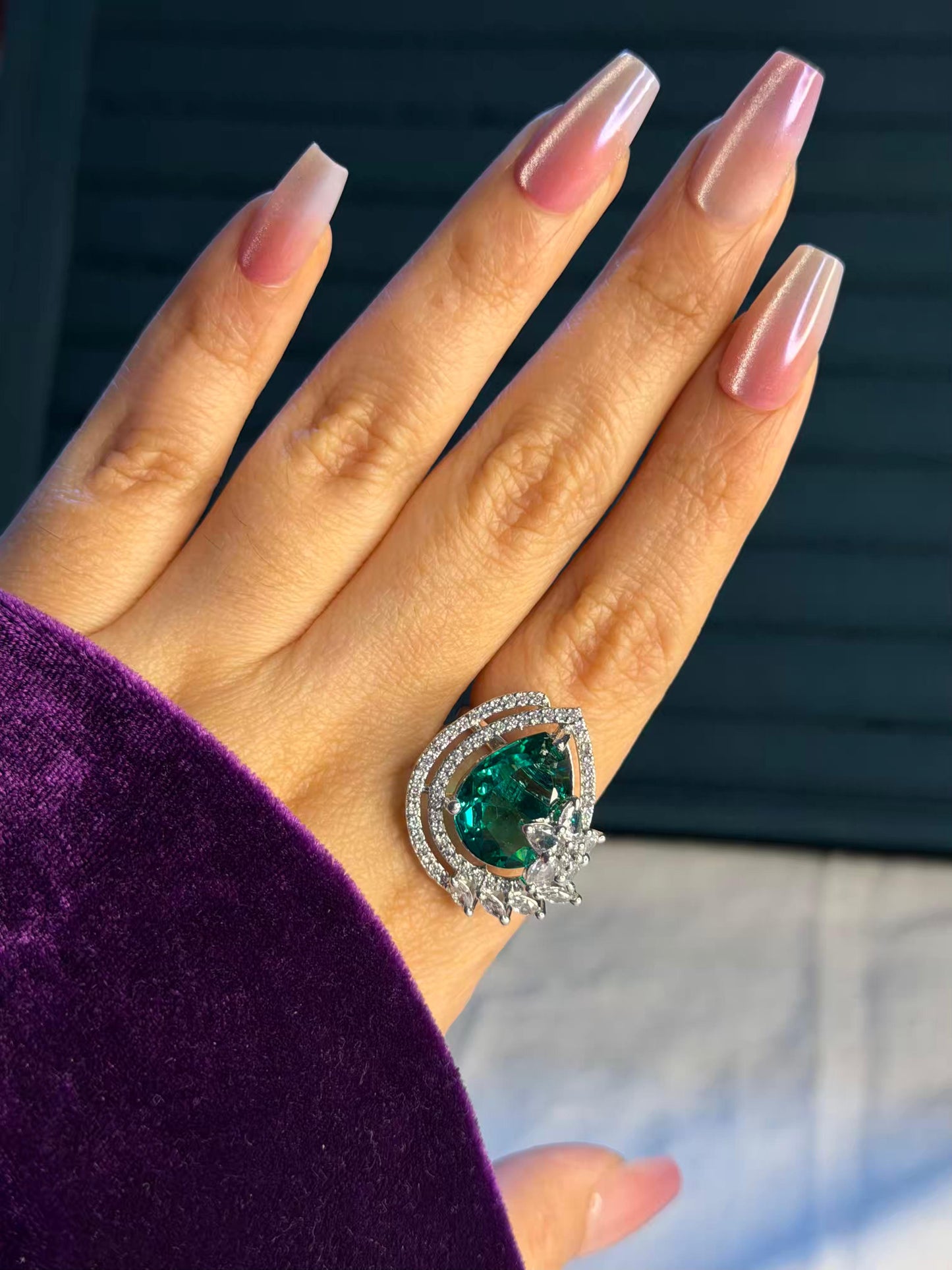 Emerald Seraphine Crest Silver Plated Premium Ring (Adjustable)