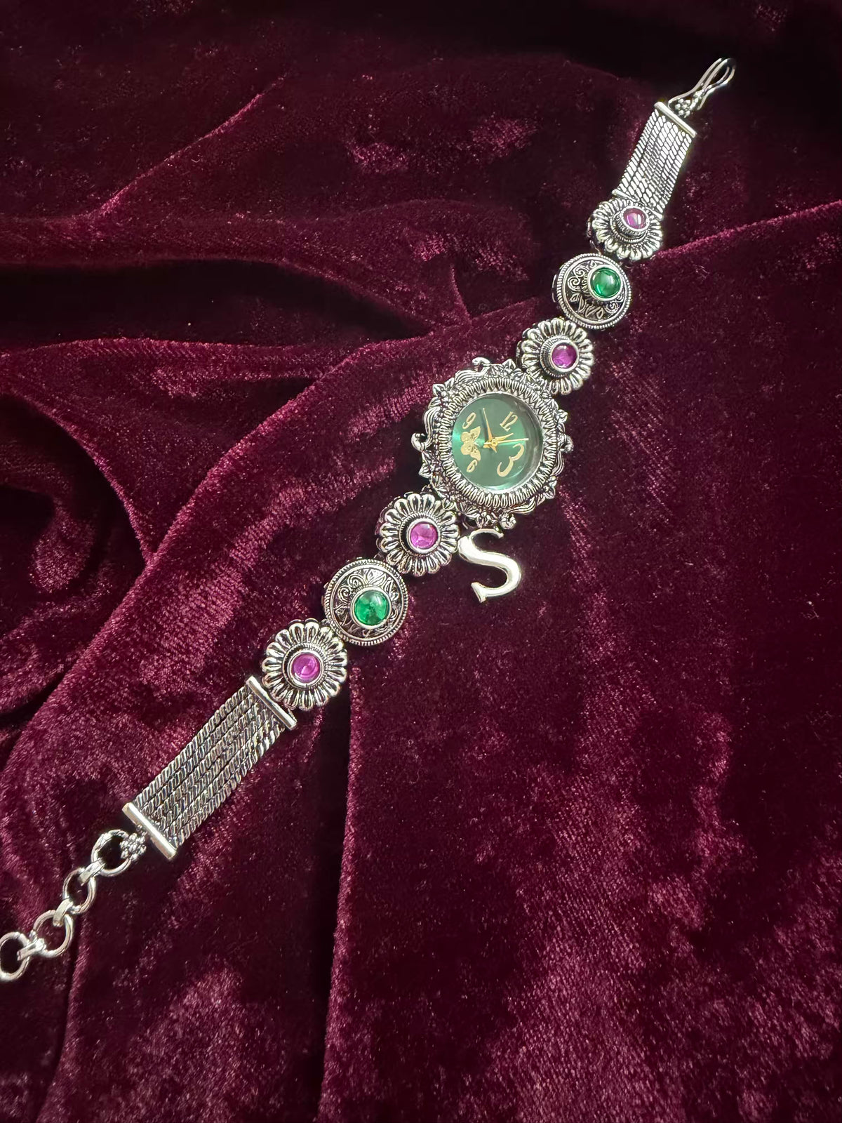 Regal Emerald Shringar Silver-Tone Navratri Oxidised Heritage Watch