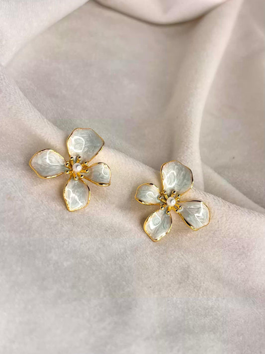 White Flora Ear Studds 18K Gold Plated Premium Earrings