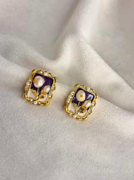 Portrait Flower Ear Studds 18K Gold Plated Premium Earrings