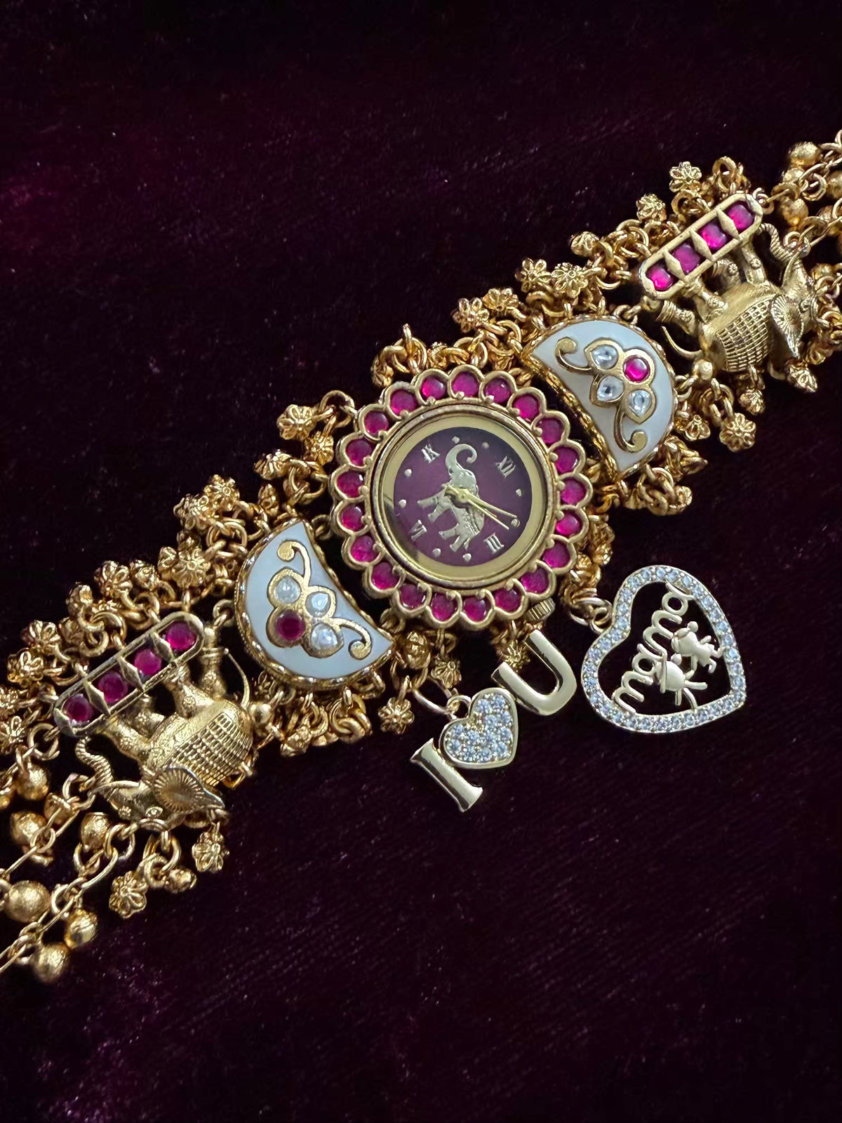 I Love You Mama Pink Stone Elephant Heritage Watch with Initials – Maharani Watch Bracelet