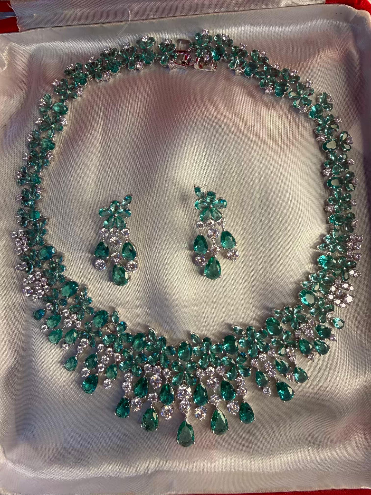 Turquoise Princess Cocktail Party Necklace Set with Earrings - Rhodium Silver Plated