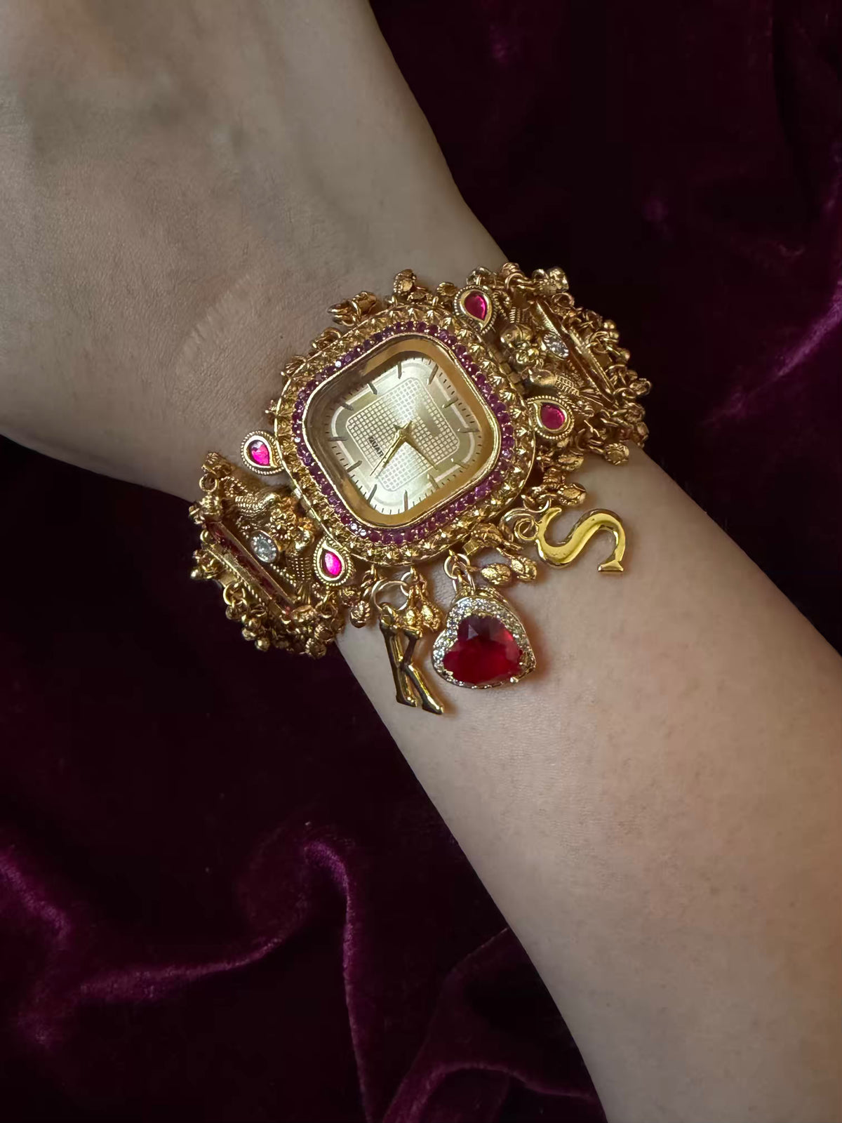 Ruby Heart Charm Golden Square Dial Maharani Watch Bracelet
