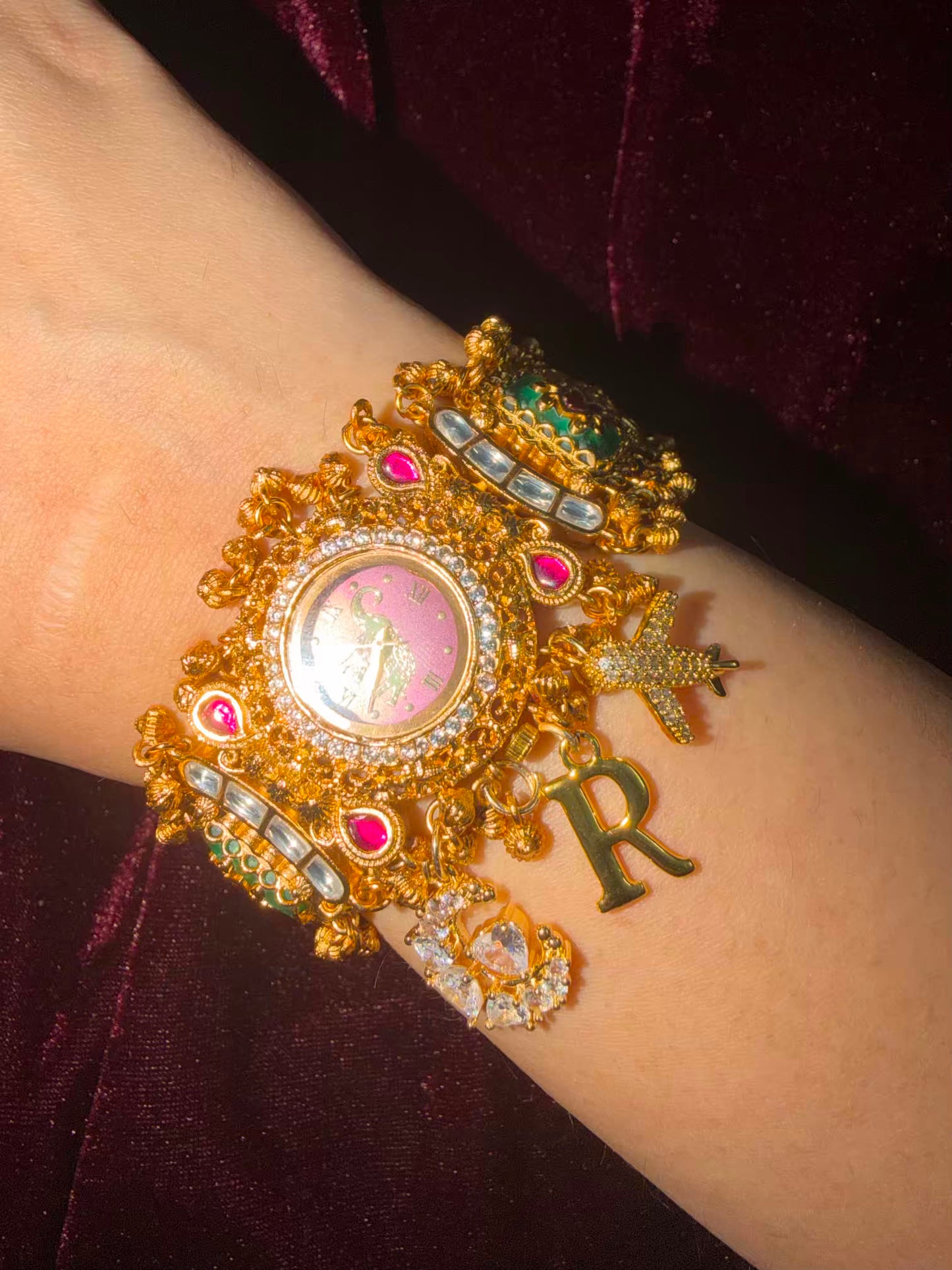 Moon Airplane Heritage Meenakari Watch Rakhi in Premium Swarovski (Free Initial)