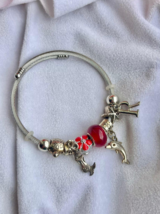 Pandora Charms Coral Red Bracelet With Customised Initial ( Silver )