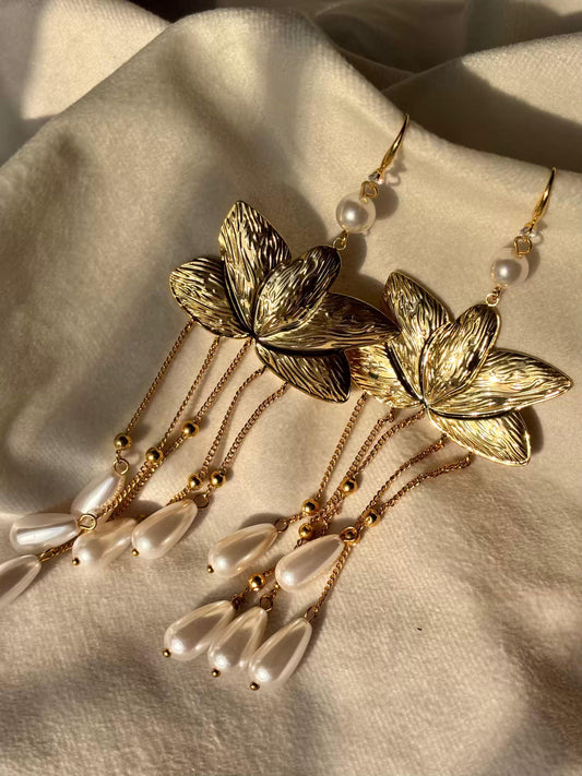 Lotus Pearl Dangles Studds Earrings 18K Gold Plated Premium Earrings