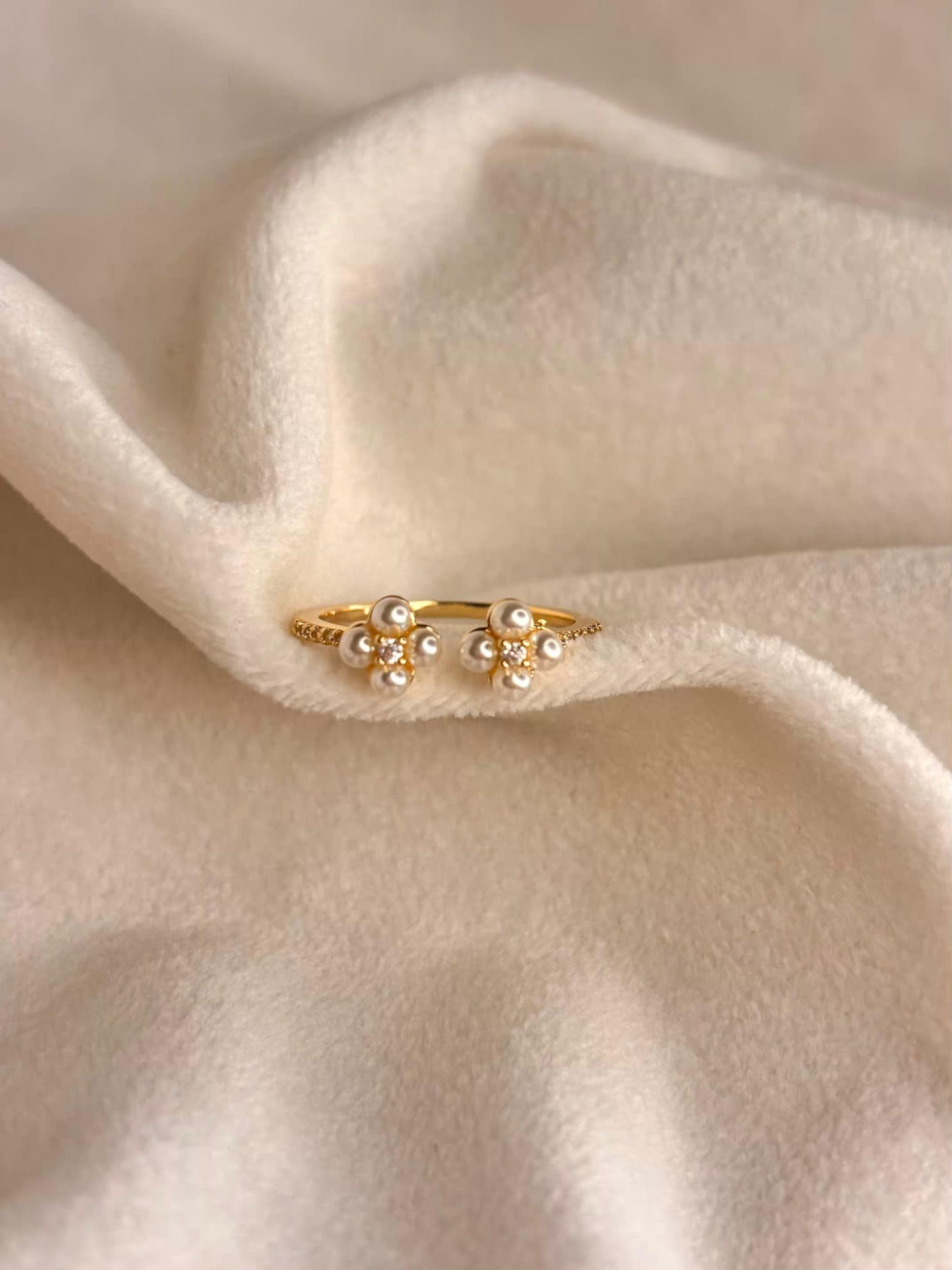 Double Pearl Clover Ring Gold Plated 18K Adjustable Ring