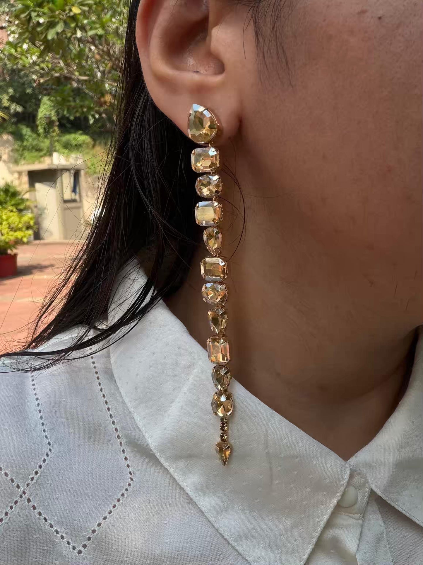 Golden Multi Shape Layers Long Gold Plated Earrings