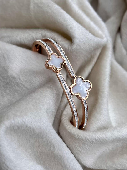 For Thin Wrist Double Clover Bangle 18K Gold plated Premium Bangle 2.2 - 2.4 Size