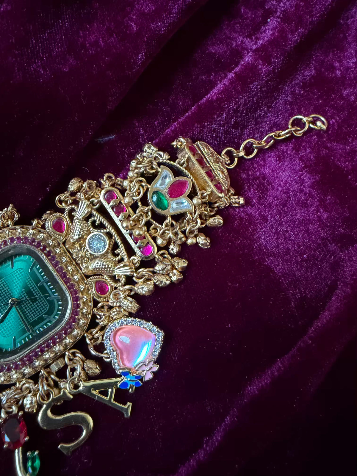 Emerald Green Square Dial Ruby Halo Floral Charm Maharani Watch Bracelet