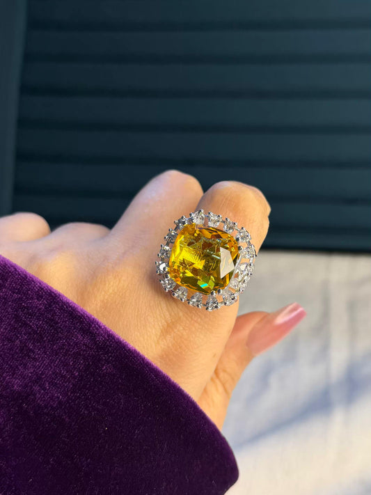 Golden Square Big Statement Silver Plated Premium Ring (Adjustable)